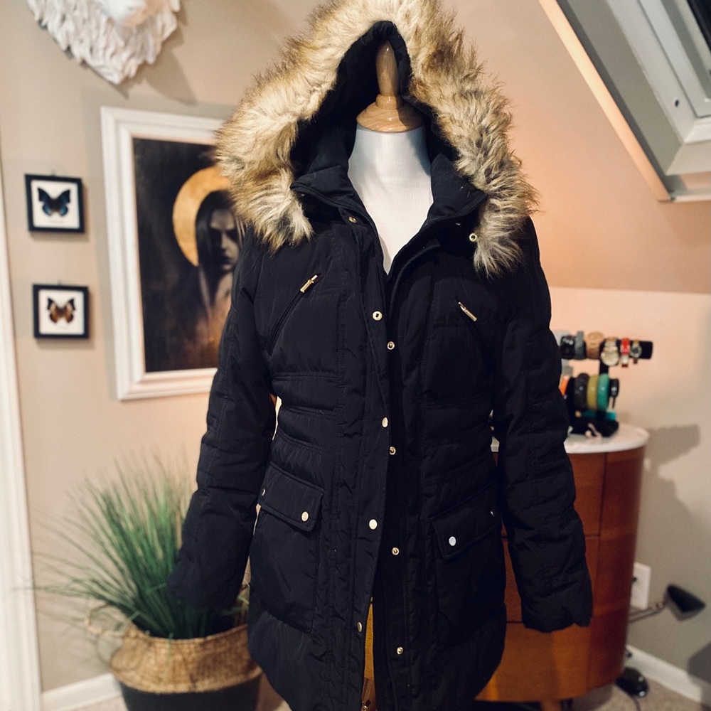 Black fur hood gold hardware winter coat